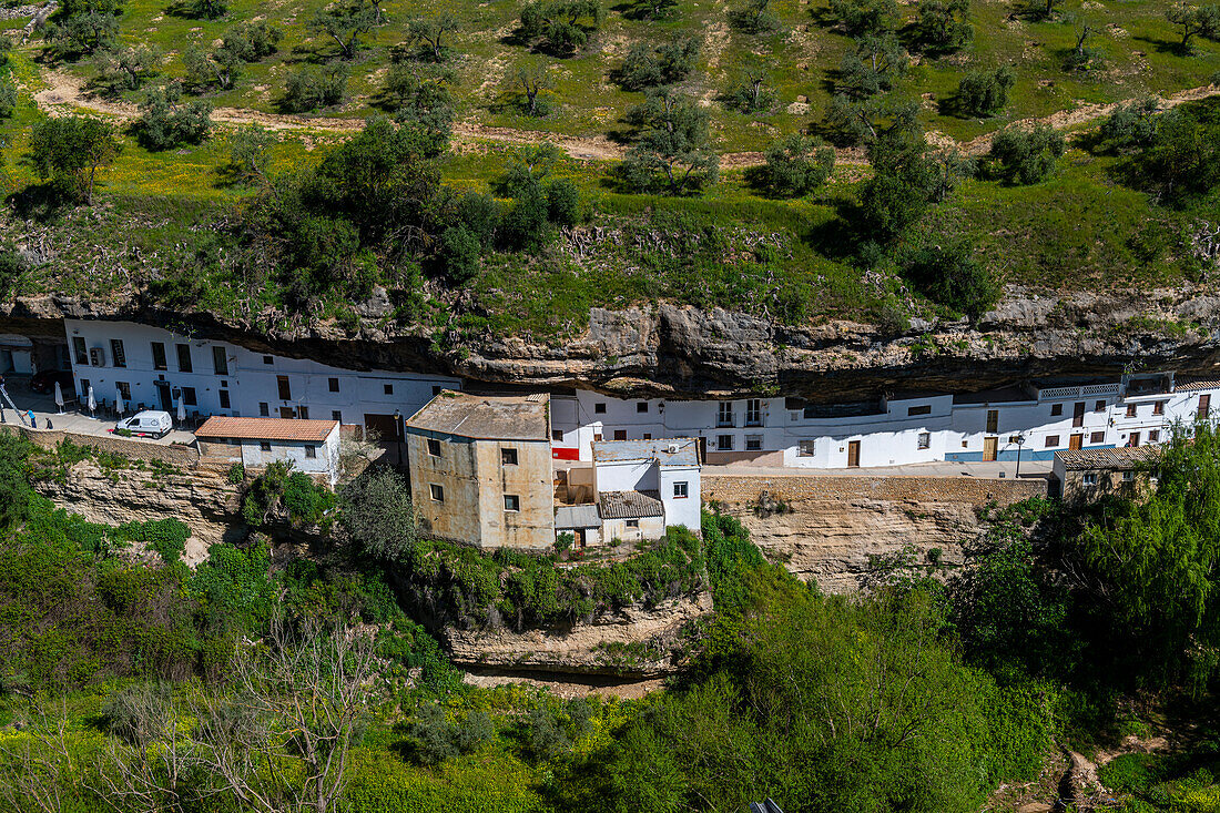 In Felsüberhänge gebaute Behausungen über dem Rio Guadalporcun, Setenil de las Bodegas, Andalusien, Spanien, Europa