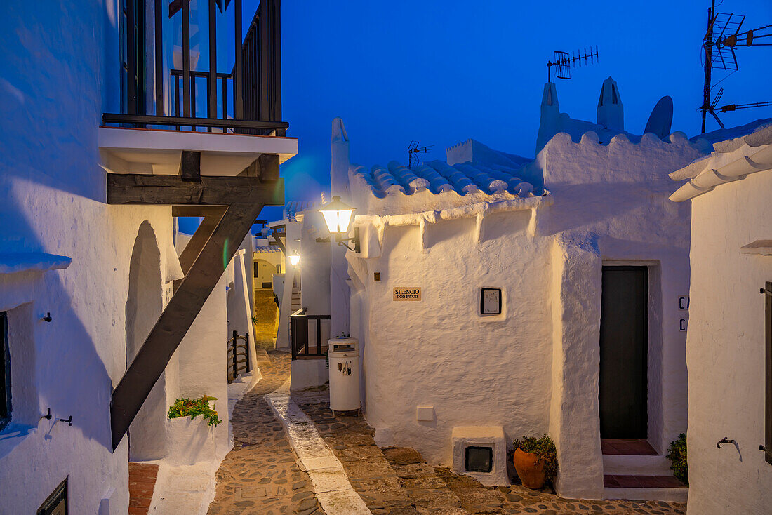 View of Binibeca Vell at dusk, Binibeca Vell, Menorca, Balearic Islands, Spain, Mediterranean, Europe