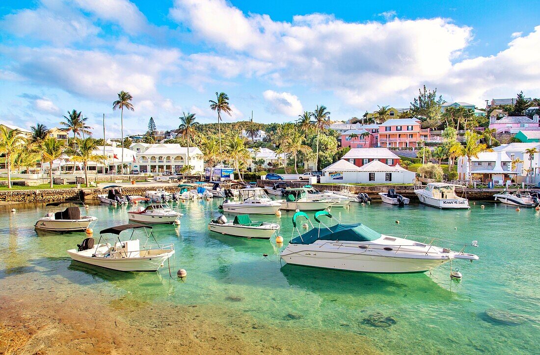 Boats moored in the clear turquoise waters of Flatt's Inlet, Hamilton Parish, Bermuda, Atlantic, Central America