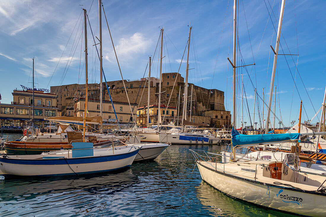 Small harbor with boats in front of the Castel dell'Ovo, Naples, Campania, Italy, Mediterranean, Europe