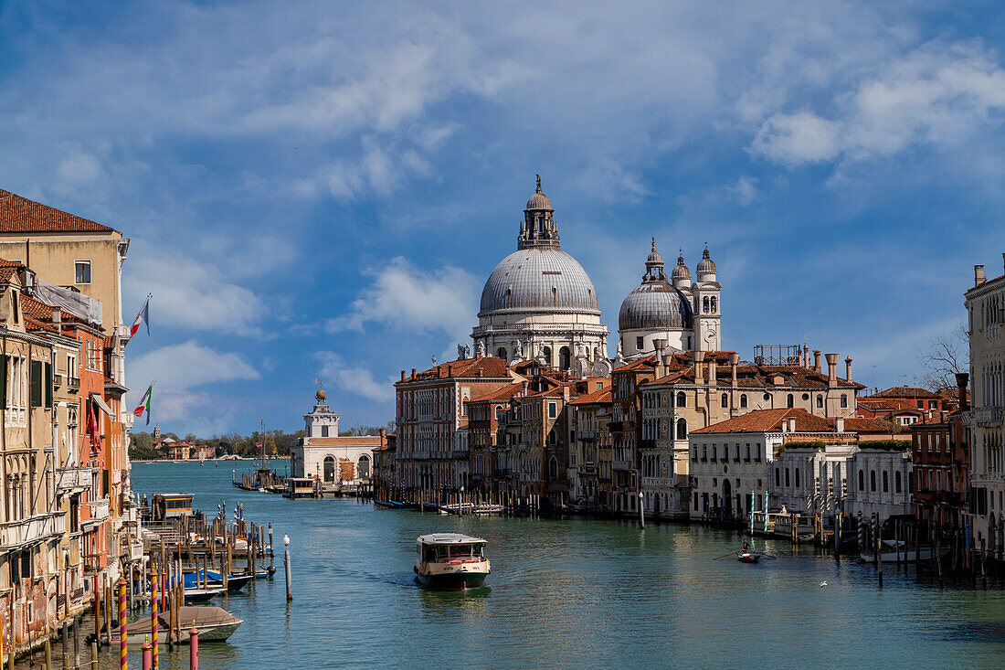 View of the Grand Canal with the Basilica of Santa Maria della Salute in the background, Venice, UNESCO World Heritage Site, Veneto, Italy, Europe