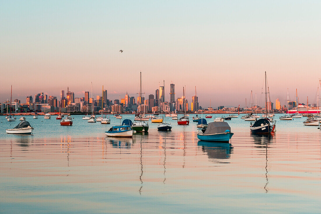 View of City of Melbourne from Williamstown port through sail boats, Williamstown, Victoria, Australia, Pacific