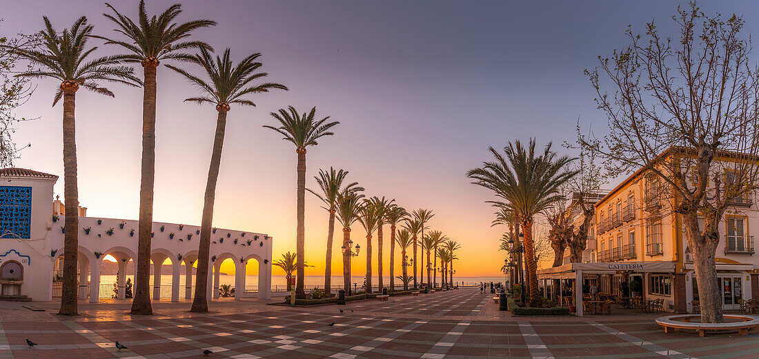 View of Plaza Balcon De Europa at sunrise in Nerja, Costa del Sol, Malaga Province, Andalusia, Spain, Mediterranean, Europe