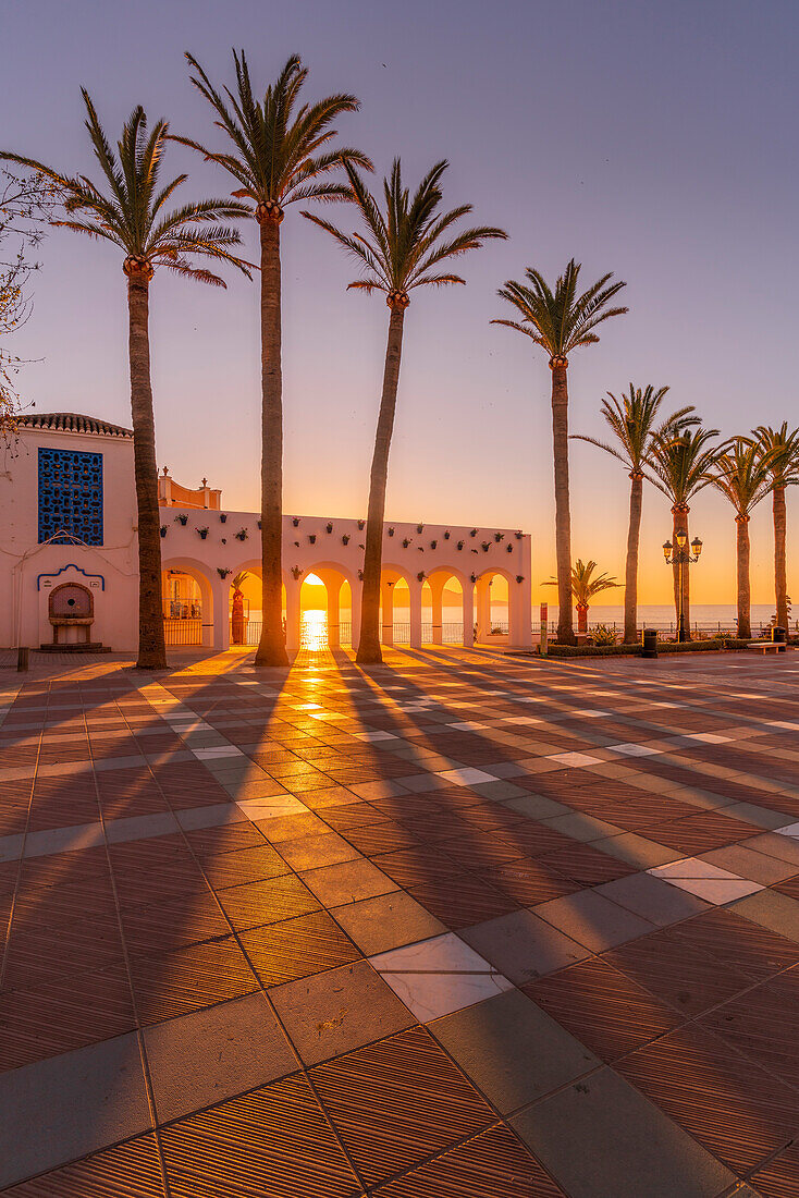 View of Plaza Balcon De Europa at sunrise in Nerja, Costa del Sol, Malaga Province, Andalusia, Spain, Mediterranean, Europe