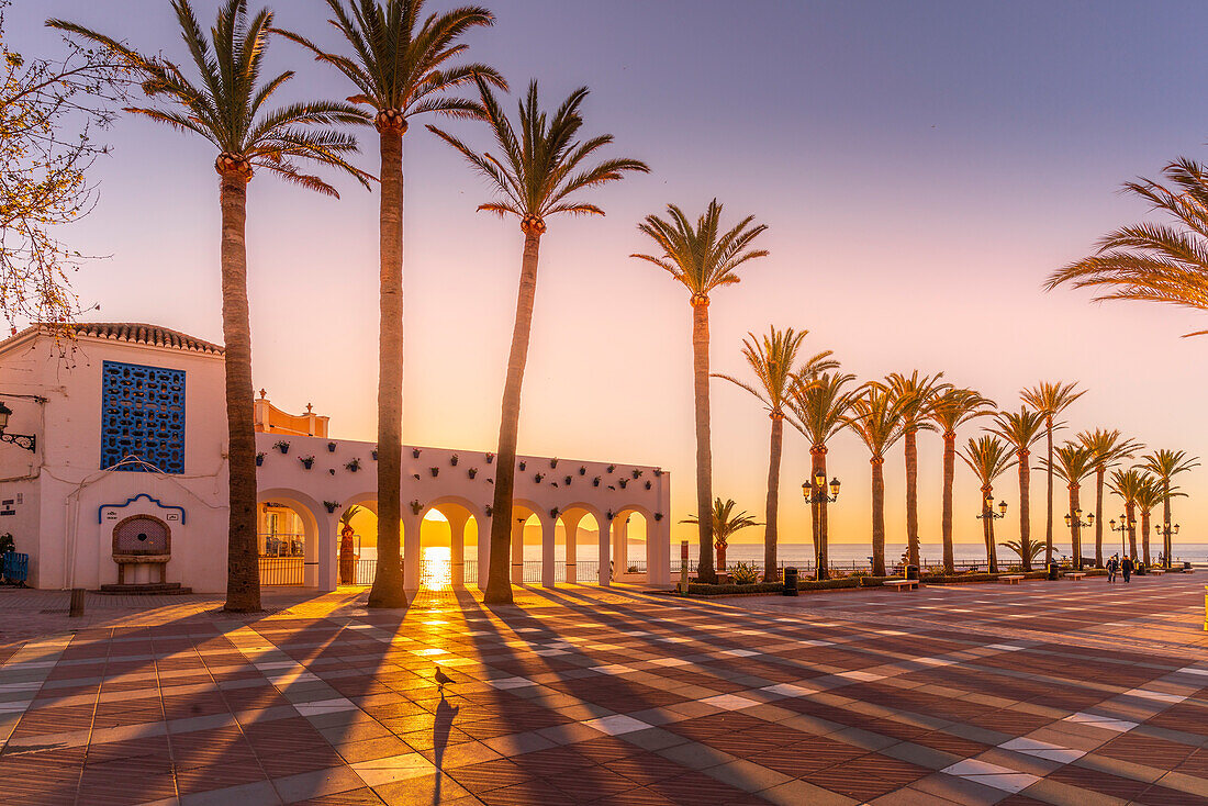 View of Plaza Balcon De Europa at sunrise in Nerja, Costa del Sol, Malaga Province, Andalusia, Spain, Mediterranean, Europe