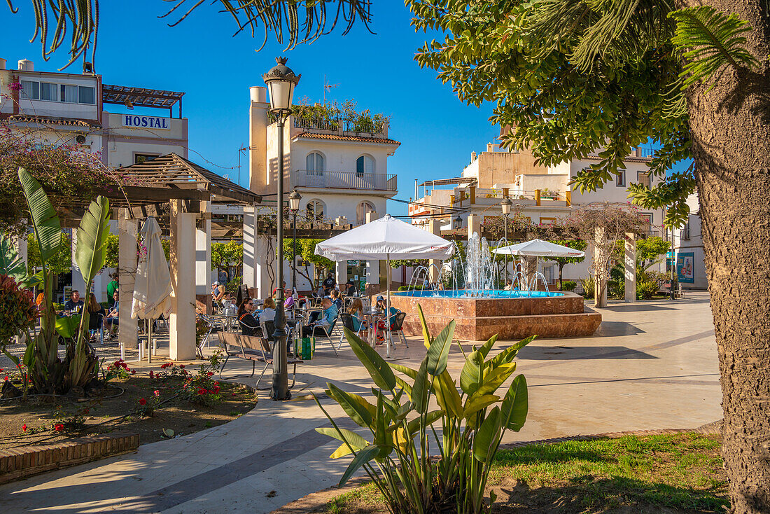 Cafe and fountain in Plaza Cantarero, Nerja, Malaga Province, Andalucia, Spain, Mediterranean, Europe