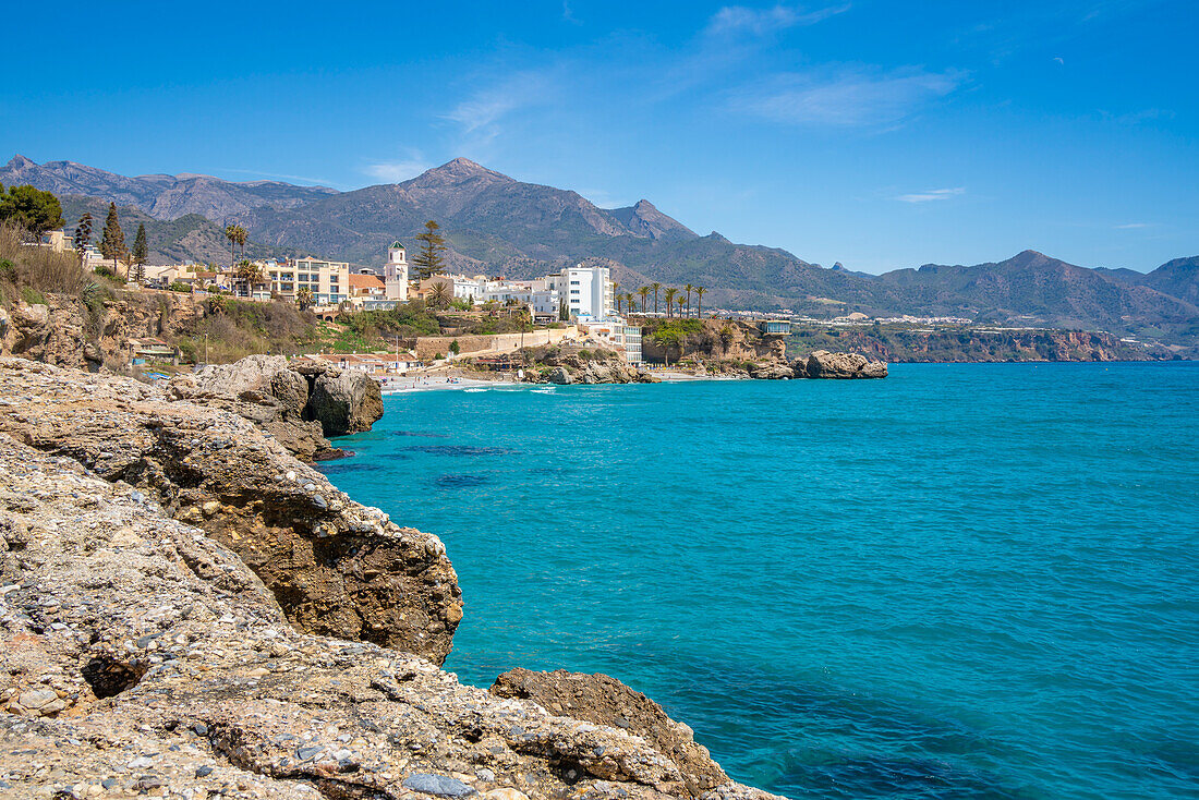 View of Parroquia El Salvador and coast in Nerja, Nerja, Malaga Province, Andalucia, Spain, Mediterranean, Europe