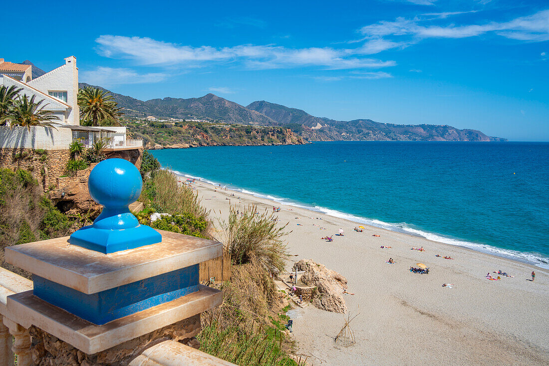 View of Playa de Burriana beach and coastline in Nerja, Costa del Sol, Malaga Province, Andalusia, Spain, Mediterranean, Europe