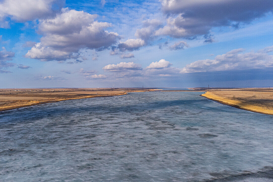 Aerial of the Tobyl River, south of Kostanay, northern Kazakhstan, Central Asia, Asia