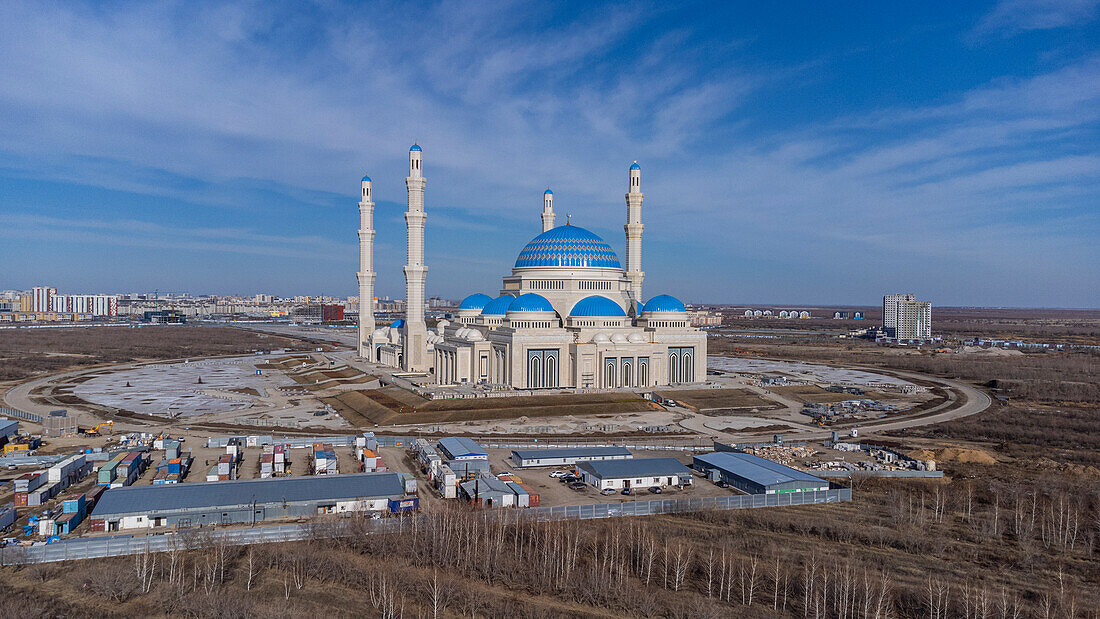 Aerial of the Grand Mosque, Nur Sultan, formerly Astana, capital of Kazakhstan, Central Asia, Asia