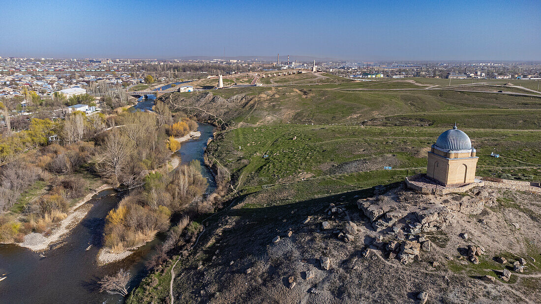 Aerial of the Mausoleum of Tekturmas, Taraz, Kazakhstan, Central Asia, Asia