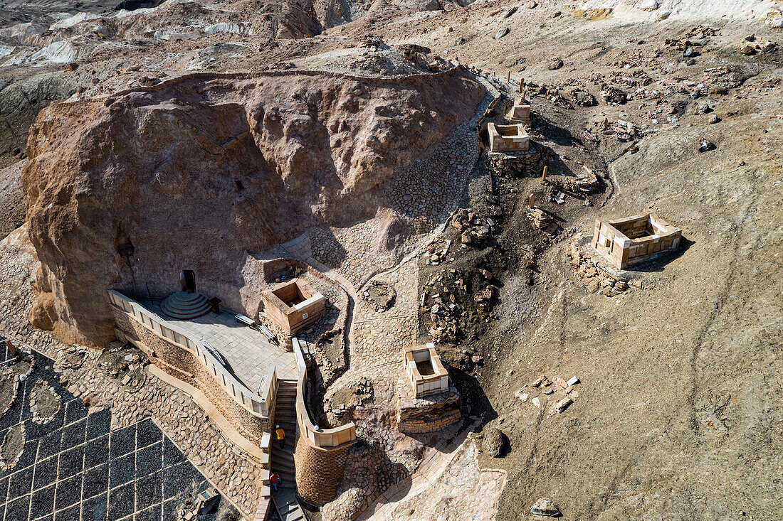 Aerial of Beket-Ata Underground Mosque, Mangystau, Kazakhstan, Central Asia, Asia