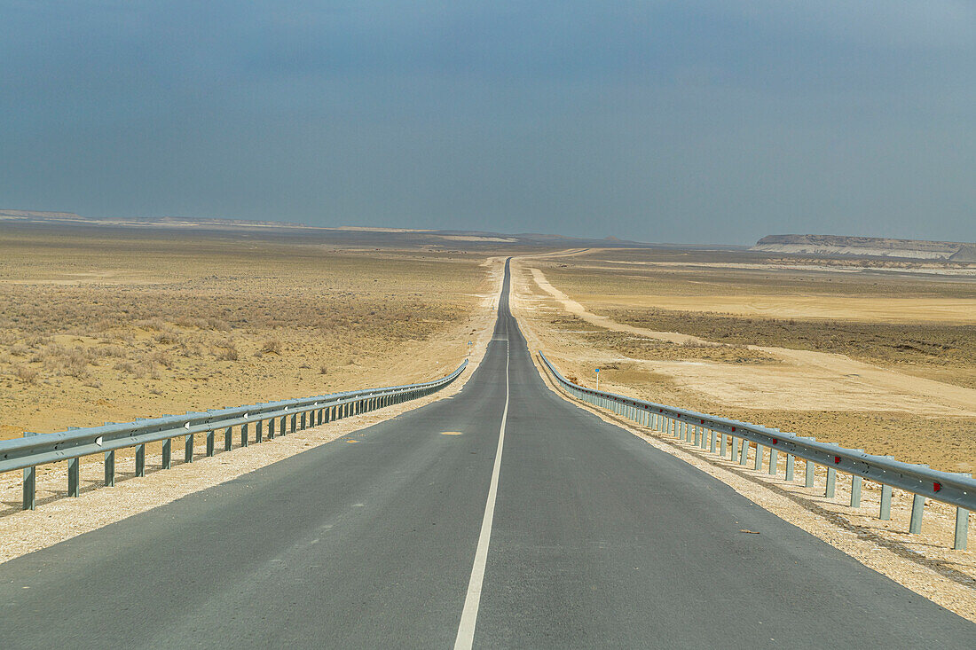 Long straight road in Mangystau, Kazakhstan, Central Asia, Asia
