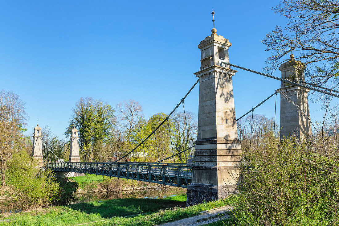 Argenbrucke Bridge, Langenargen, chain bridge over Argen River, Lake Constance, Swabia, Baden-Wurttemberg, Germany, Europe