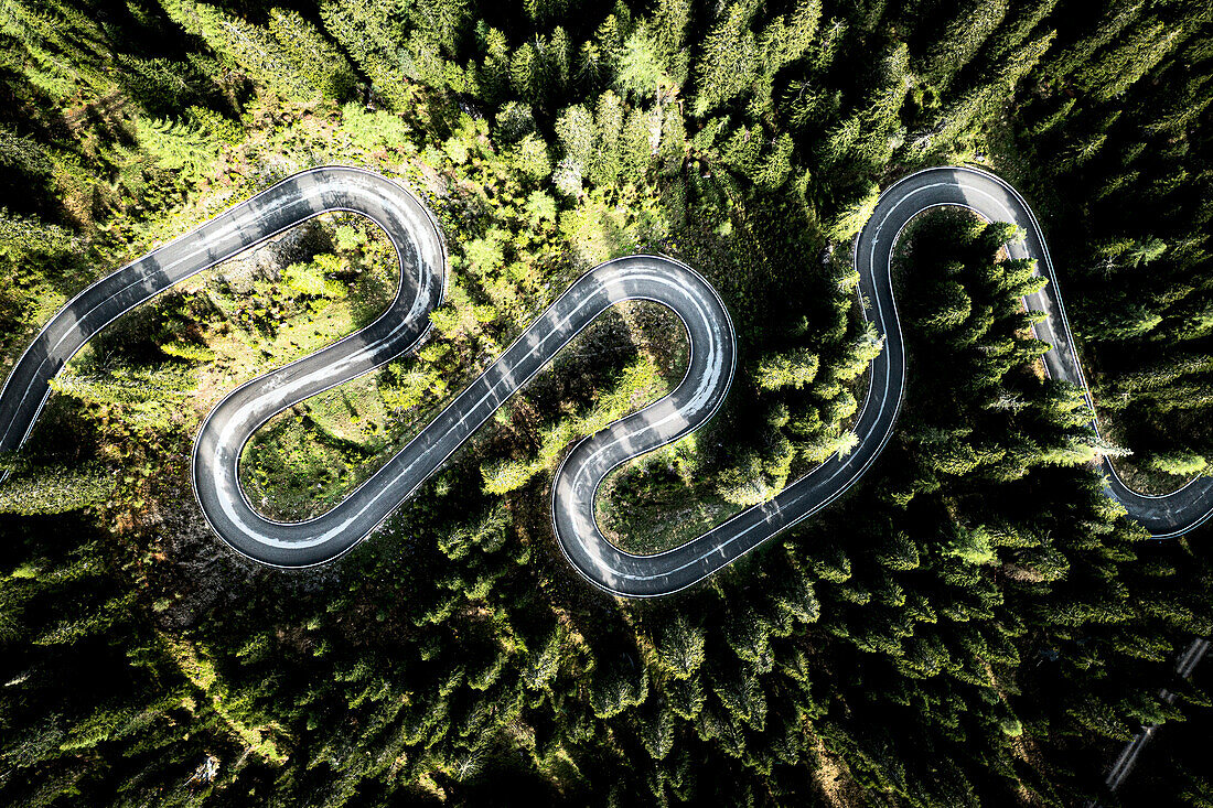 Luftaufnahme von Haarnadelkurven einer malerischen Bergstraße durch einen grünen Wald, Giau Pass, Dolomiten, Venetien, Italien, Europa