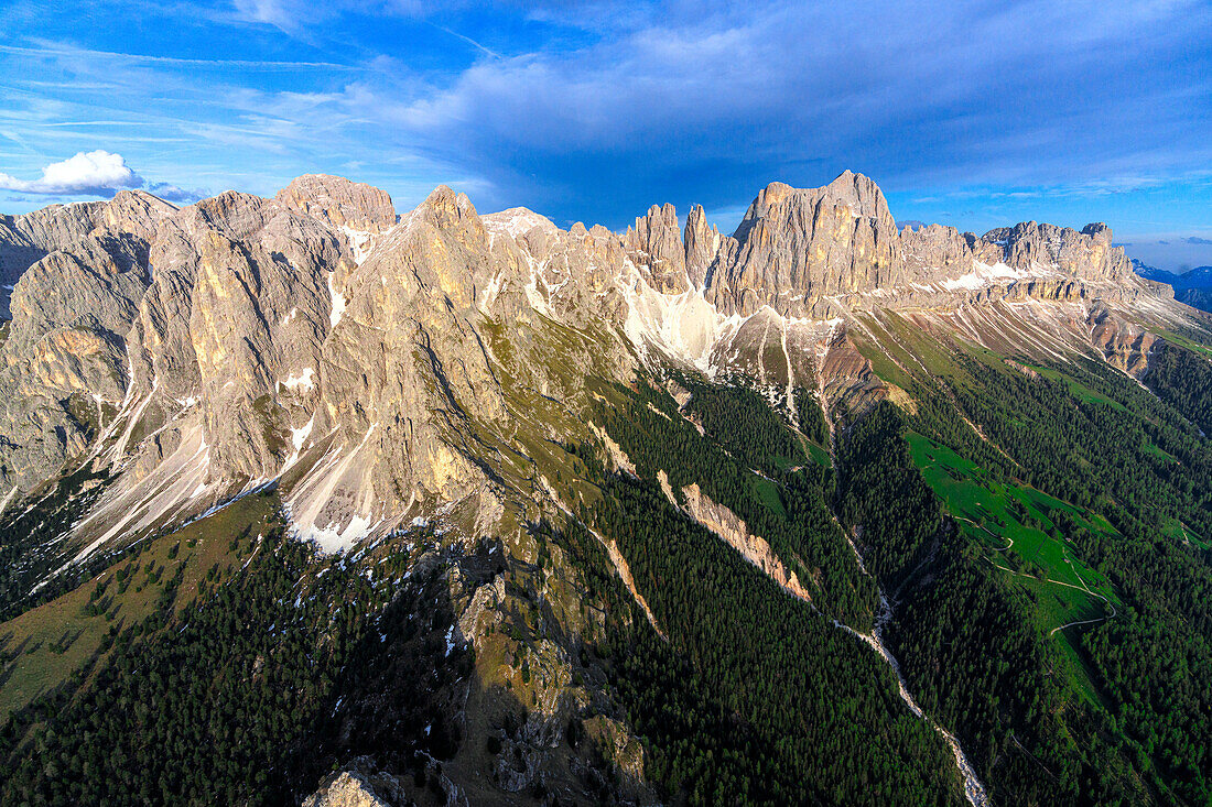 Aerial view of Cima Catinaccio Rosengarten, Torri Del Vajolet and Catinaccio d'Antermoia peaks, Dolomites, South Tyrol, Italy, Europe