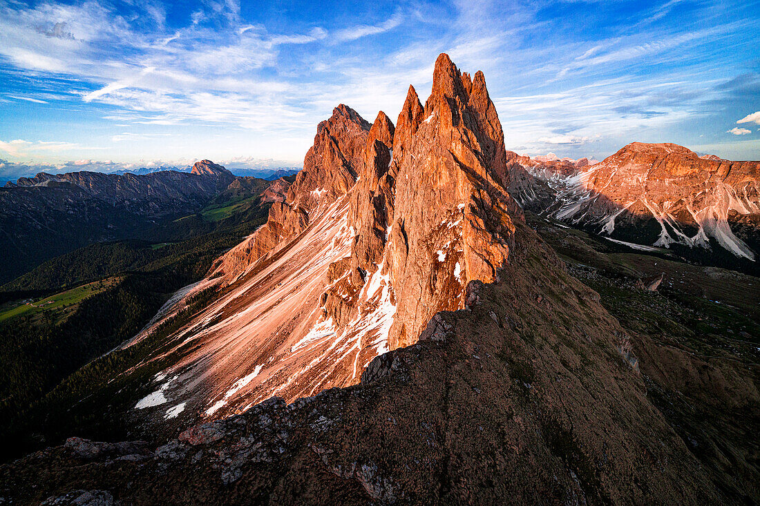 Majestic peaks of Odle group, Seceda, Furchetta and Sass Rigais at sunset, aerial view, Dolomites, South Tyrol, Italy, Europe