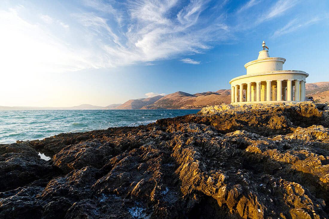 Lighthouse of Saint Theodore on cliffs at sunset, Argostoli, Kefalonia, Ionian Islands, Greek Islands, Greece, Europe