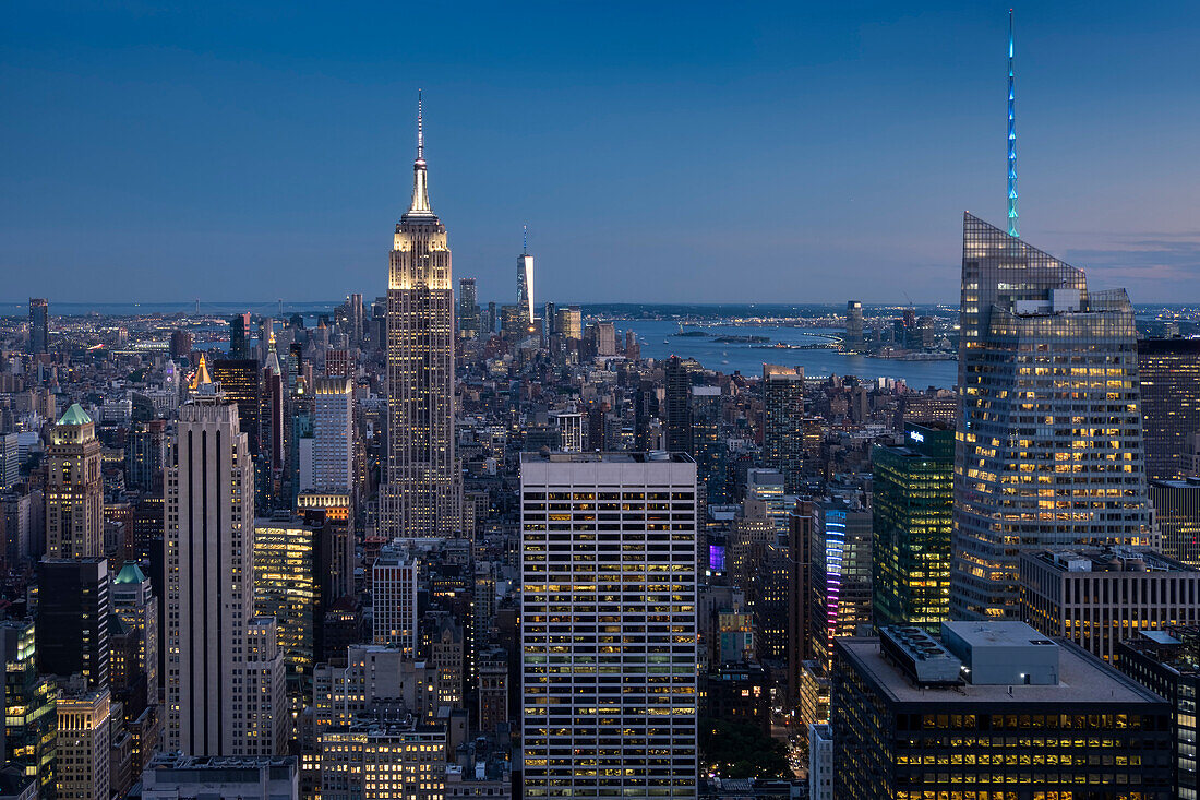 The Empire State Building, Manhattan skyscrapers and the Hudson River at night, Manhattan, New York, United States of America, North America