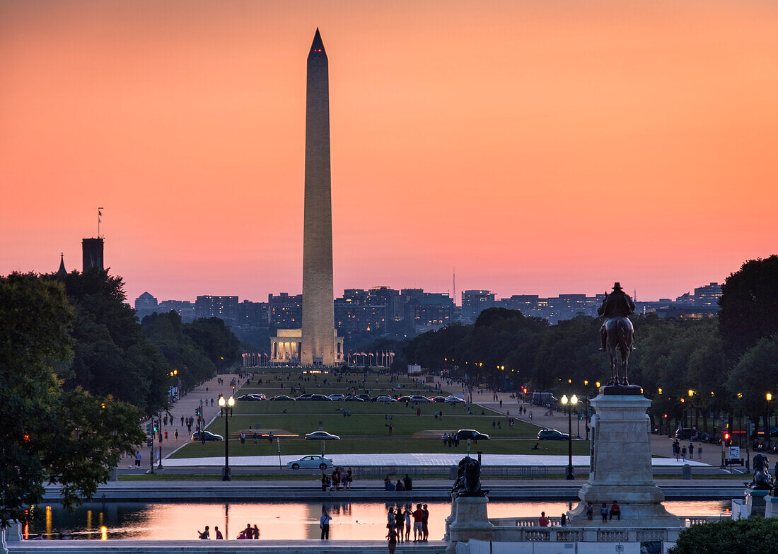 The Washington Monument and National Mall at sunset from Capitol Hill, Washington DC, United States of America, North America