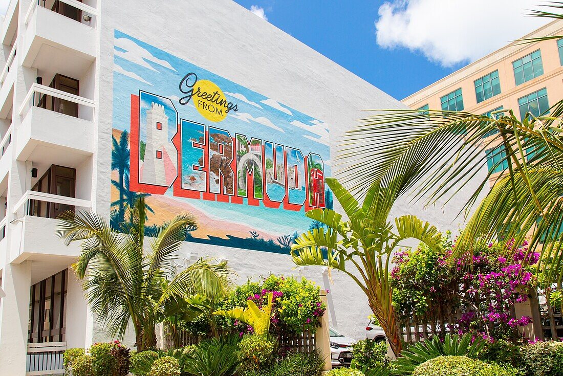 Greetings from Bermuda sign in the capital, Hamilton, Bermuda, Atlantic, Central America