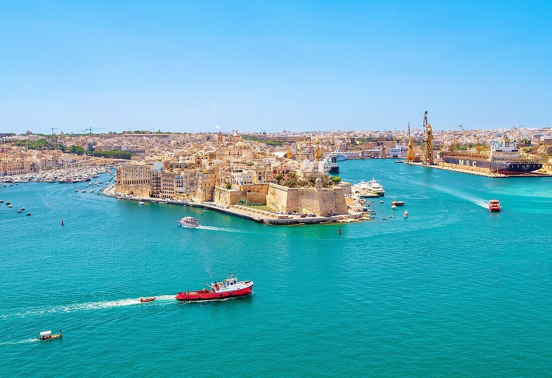 Shipping in Valetta's ancient Grand Harbour, Valletta, the Republic of Malta, Mediterranean, Europe