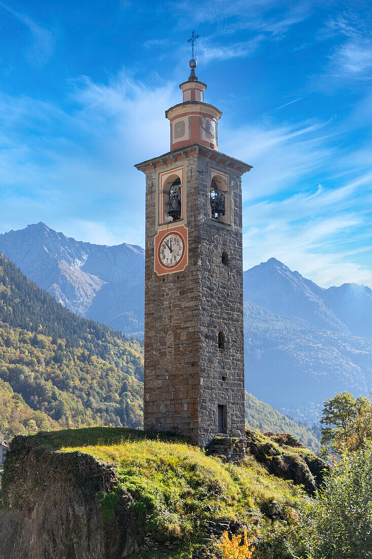 The stone bell tower of the parish church of Croveo, Baceno, Valle Antigorio, Verbano Cusio Ossola district, Piedmont, Italy, Europe