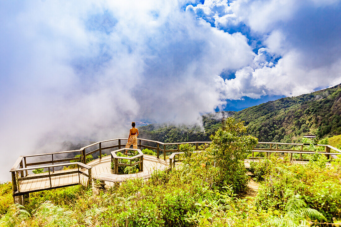 Woman looking out on Kew Mae Pan Nature Trail at Doi Inthanon National Park, Chiang Mai, Thailand, Southeast Asia, Asia