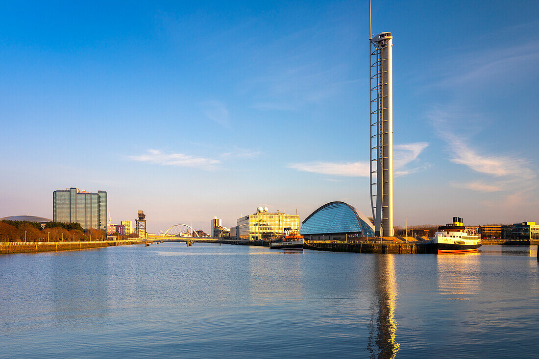 Glasgow Tower, Science Centre, IMax, The Waverley, TS Queen Mary, River Clyde, Glasgow, Scotland, United Kingdom, Europe