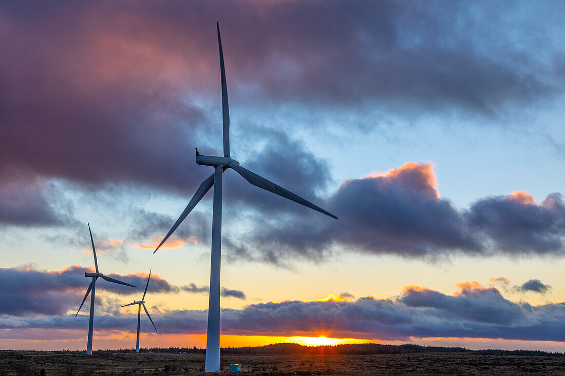 Windkraftanlagen bei Sonnenuntergang und stürmischem Himmel, Whitelee Windfarm, East Renfrewshire, Schottland, Vereinigtes Königreich, Europa