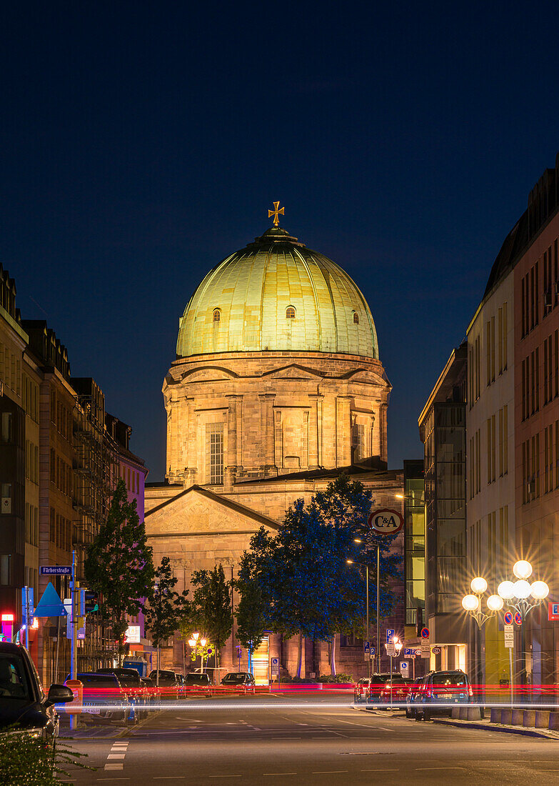 Illuminated dome of St. Elisabeth Church at night, Nuremberg, Bavaria, Germany, Europe
