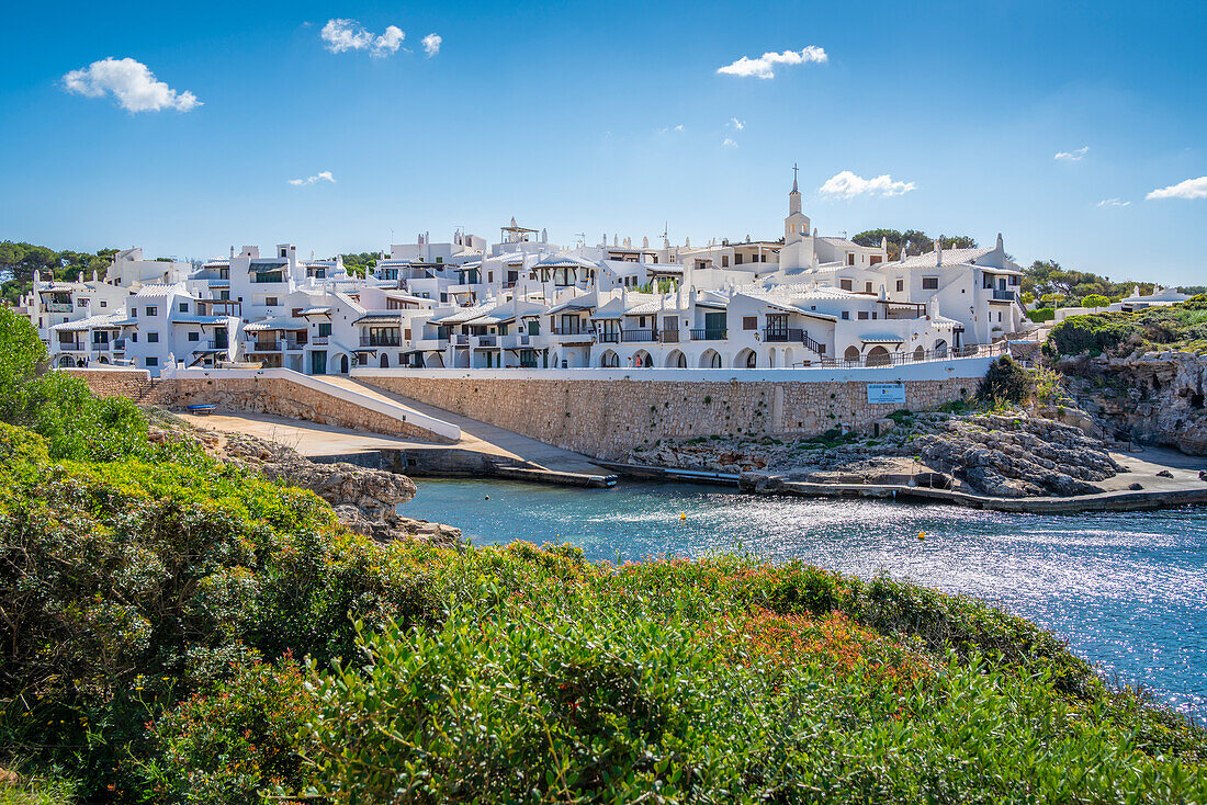 View of whitewashed houses and Mediterranean Sea, Binibequer Vell, Menorca, Balearic Islands, Spain, Mediterranean, Europe