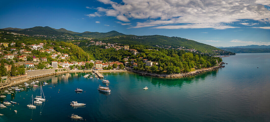 Aerial view of boats in the harbour at Ika, Ika, Kvarner Bay, Eastern Istria, Croatia, Europe