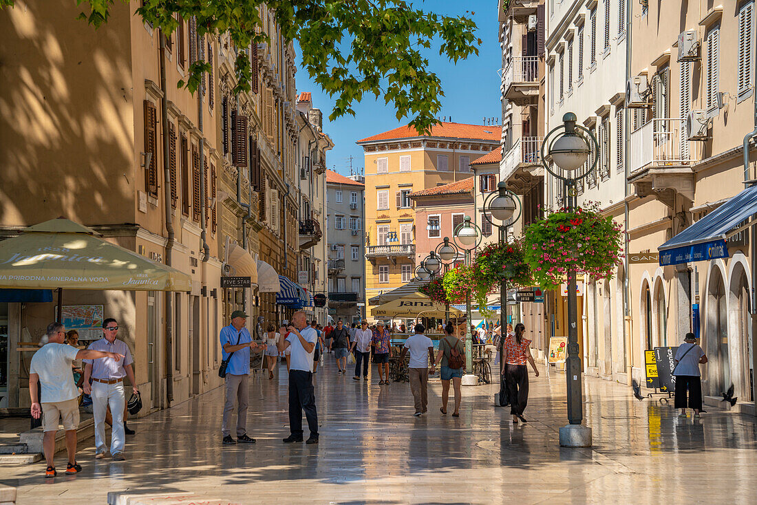 View of shops, people and ornate architecture on the Korzo, Rijeka, Kvarner Bay, Croatia, Europe