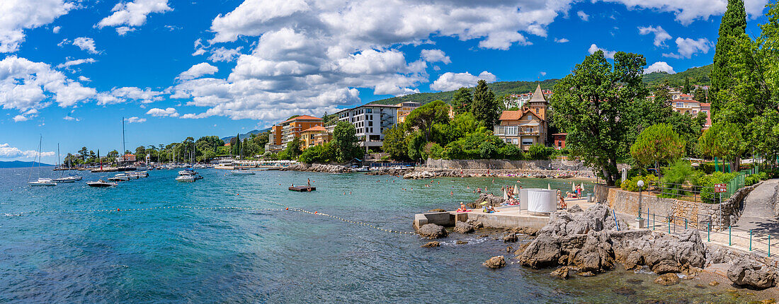 View of hotels and Adriatic Sea near Opatija, Kvarner Bay, Eastern Istria, Croatia, Europe