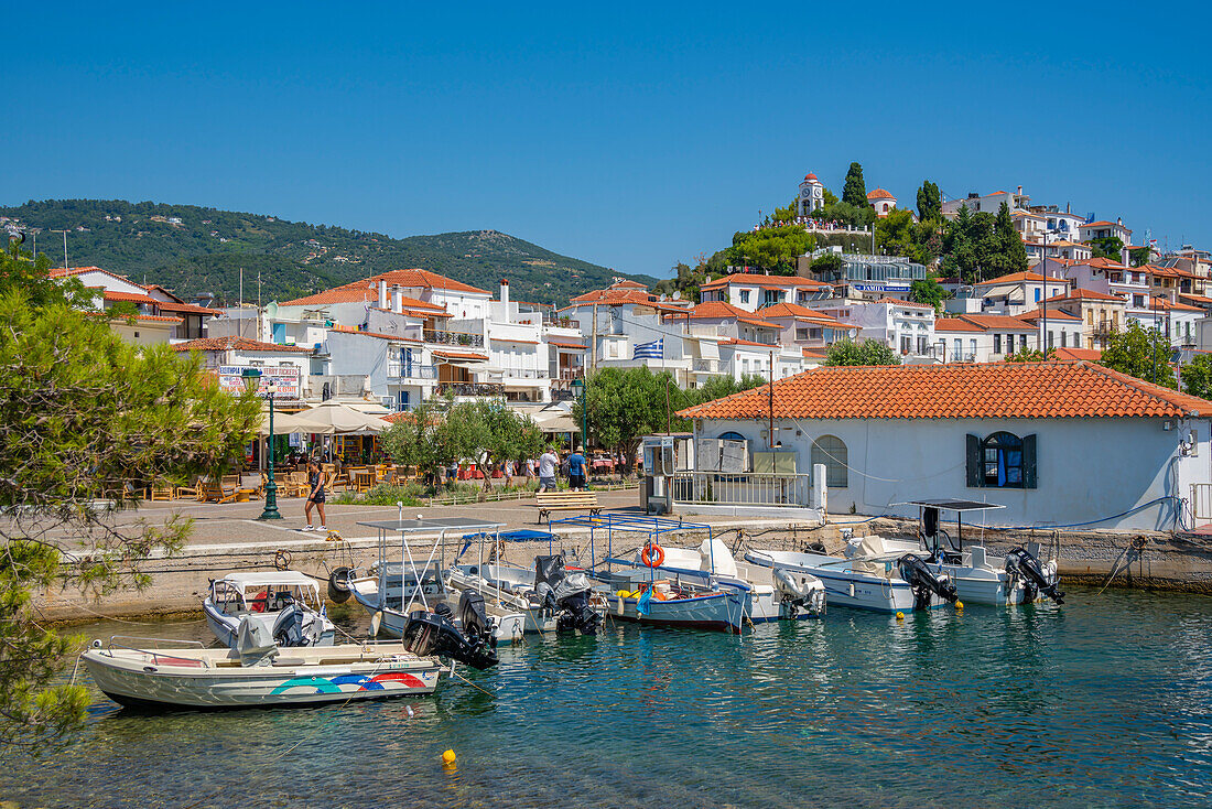 View of Skiathos Town overlooked by Greek Orthodox Church, Skiathos Island, Sporades Islands, Greek Islands, Greece, Europe