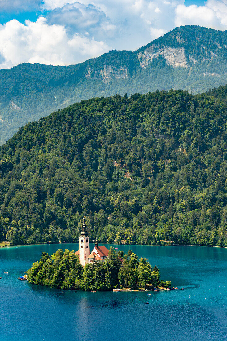 Die Kirche der Himmelfahrt Mariens auf ihrer eigenen Insel, Bleder See, Slowenien, Europa