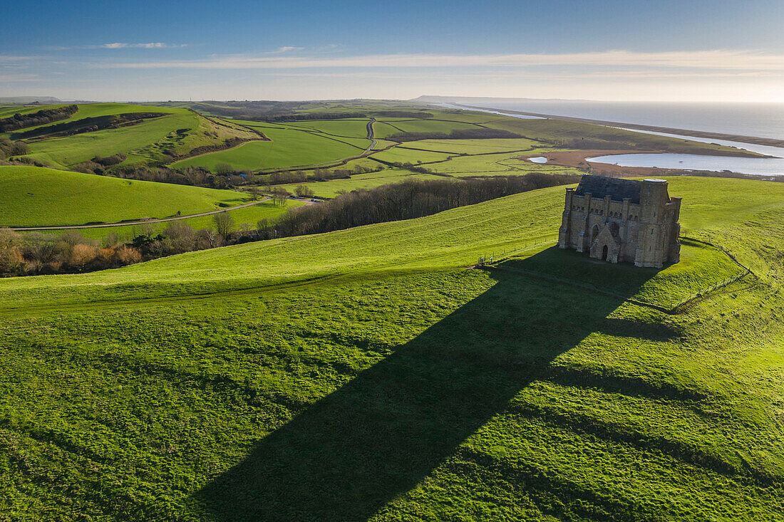 Aerial view of St. Catherine's Chapel near the village of Abbotsbury, Dorset, England, United Kingdom, Europe