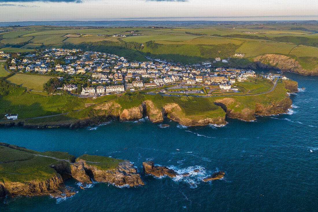 Aerial view of Port Isaac at dawn, Cornwall, England, United Kingdom, Europe