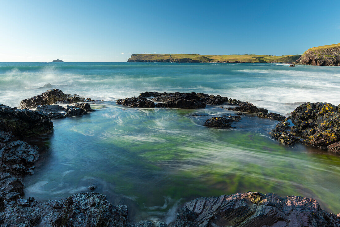 View towards Pentire Head from Greenaway Beach, Trebetherick, Cornwall, England, United Kingdom, Europe