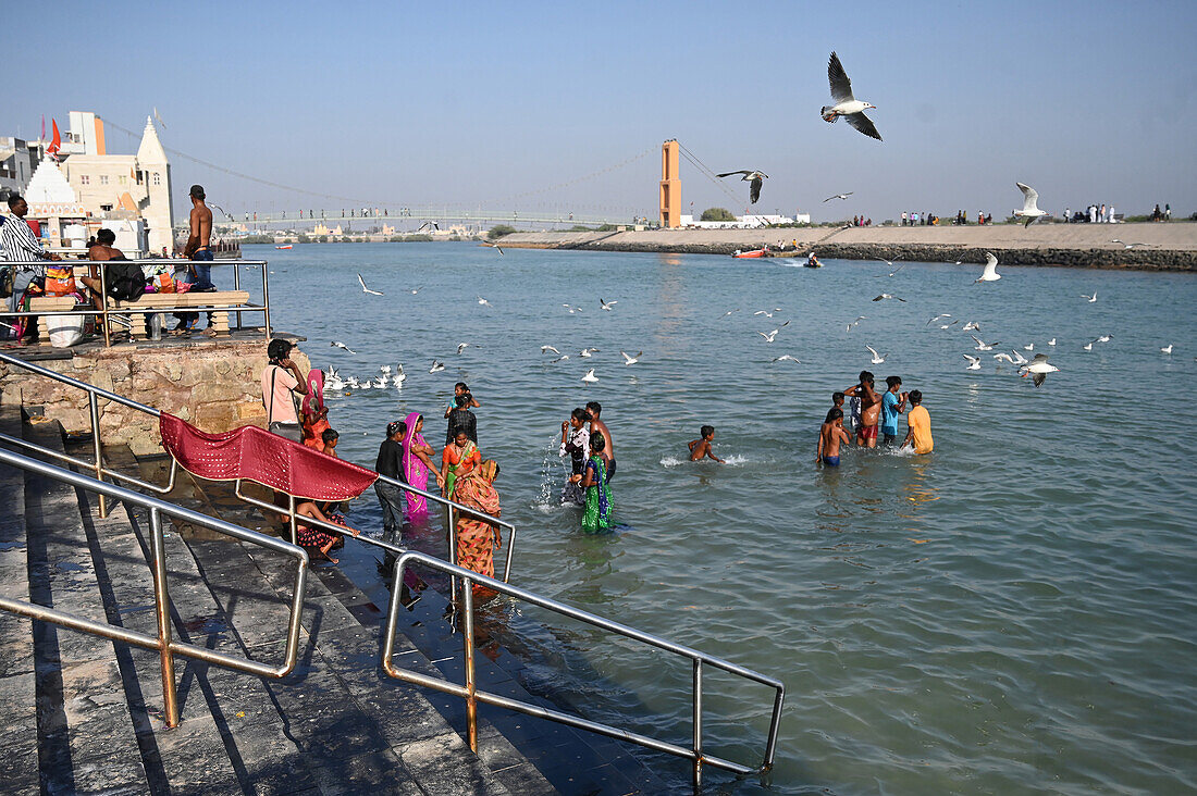 Hindu men, women and children performing evening puja at Gomati bathing ghat, seagulls nearby, Dwarka, Gujarat, India, Asia