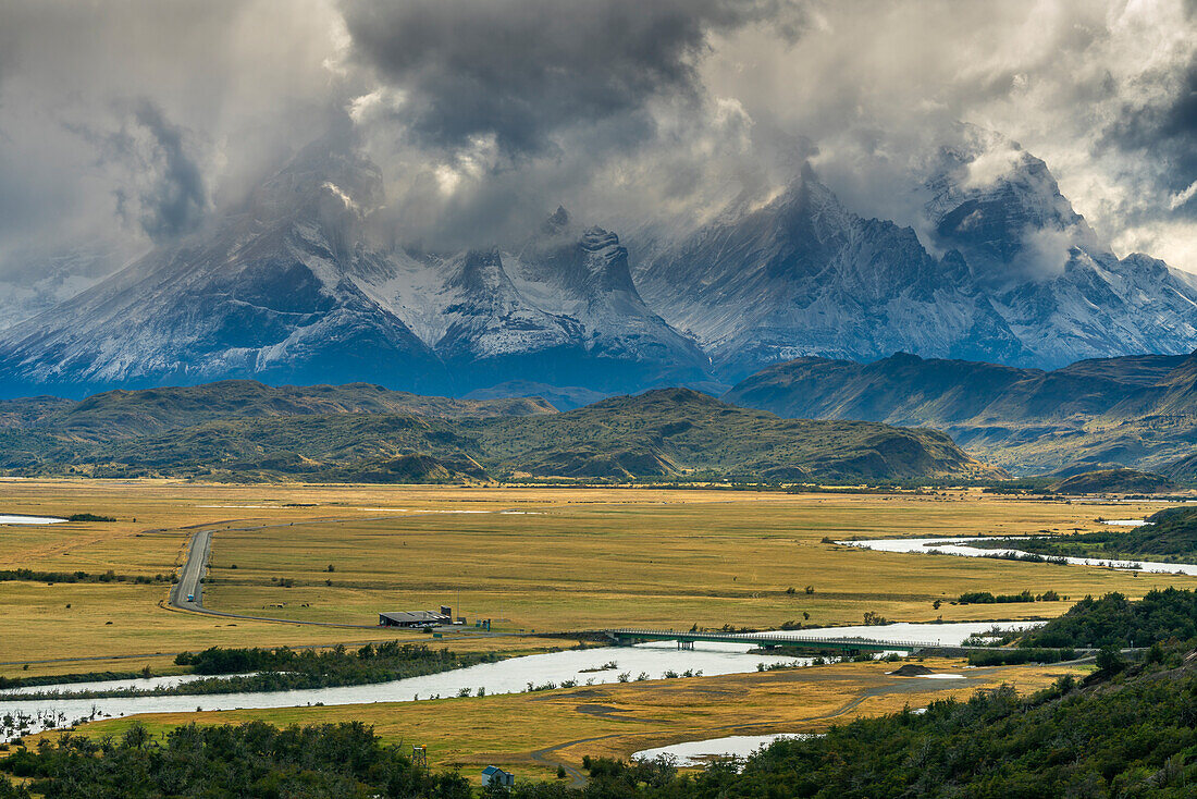 Dramatic view of Los Cuernos mountain peaks and Rio Serrano, Torres del Paine National Park, Patagonia, Chile, South America