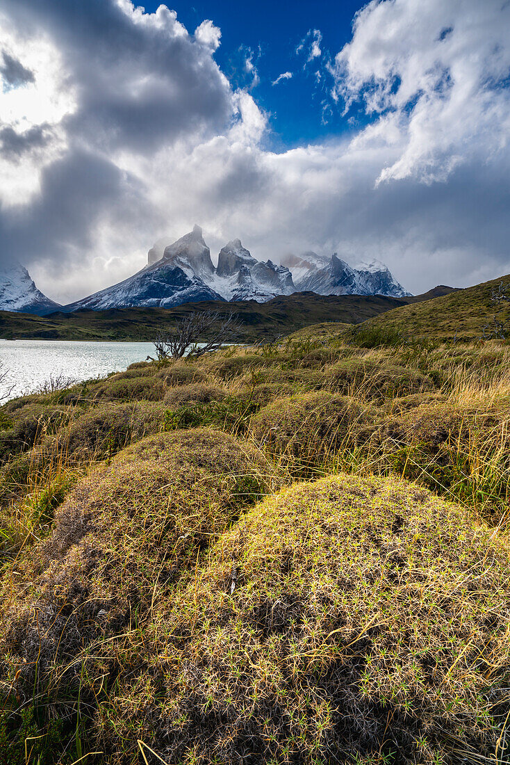 Blick auf die Berggipfel von Los Cuernos vom Ufer des Lago Pehoe, Torres del Paine National Park, Patagonien, Chile, Südamerika