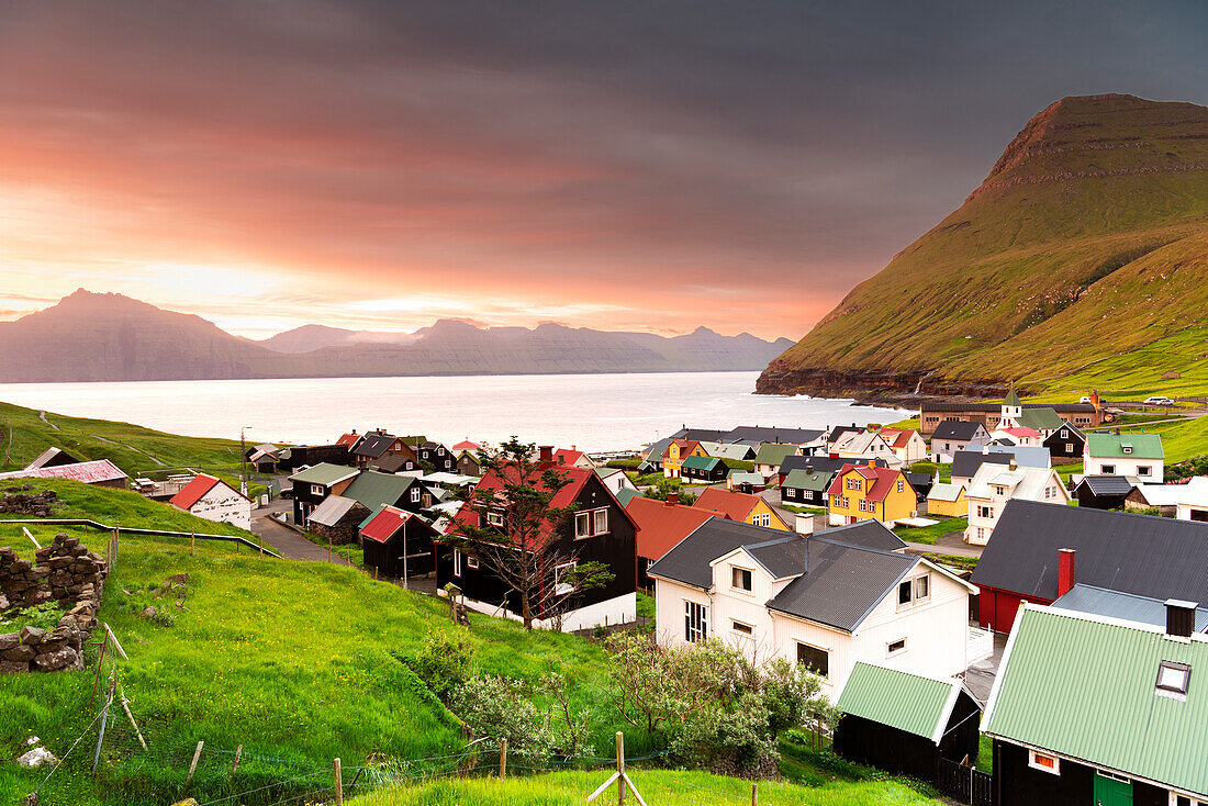 Costal village of Gjogv at sunrise, Eysturoy island, Faroe islands, Denmark, Europe