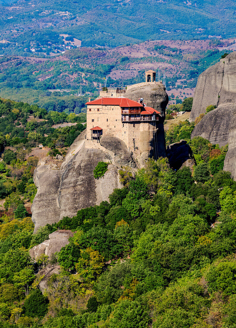 Monastery of Saint Nicholas Anapafsas (Anapausas), elevated view, Meteora, UNESCO World Heritage Site, Thessaly, Greece, Europe