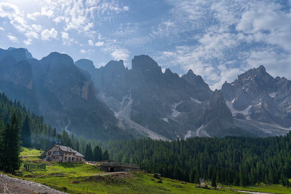 Malga Venegiotta mountain hut, Venegia Valley, Pale di San Martino Park, Dolomites, Trentino, Italy, Europe