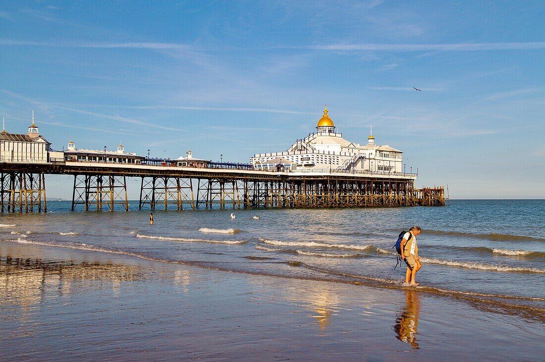 Walkers on the beach by Eastbourne Pier at sunset, Eastbourne, East Sussex, England, United Kingdom, Europe