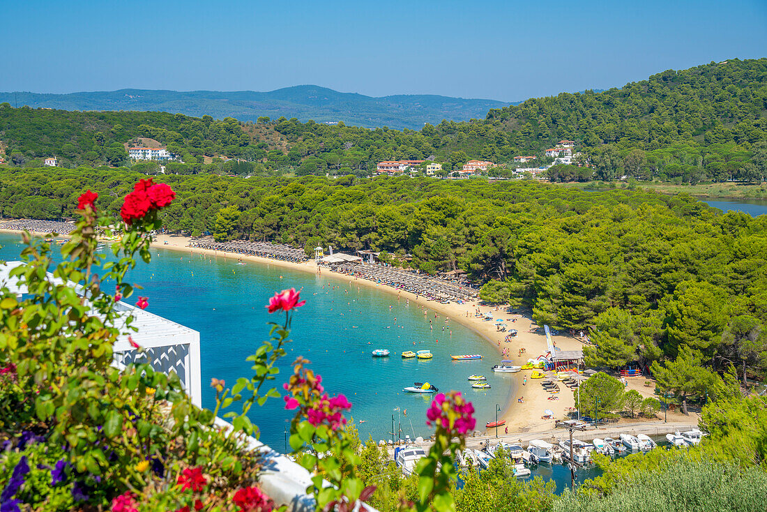 Luftaufnahme des Strandes von Koukounaries, Skiathos-Stadt, Insel Skiathos, Sporaden-Inseln, Griechische Inseln, Griechenland, Europa