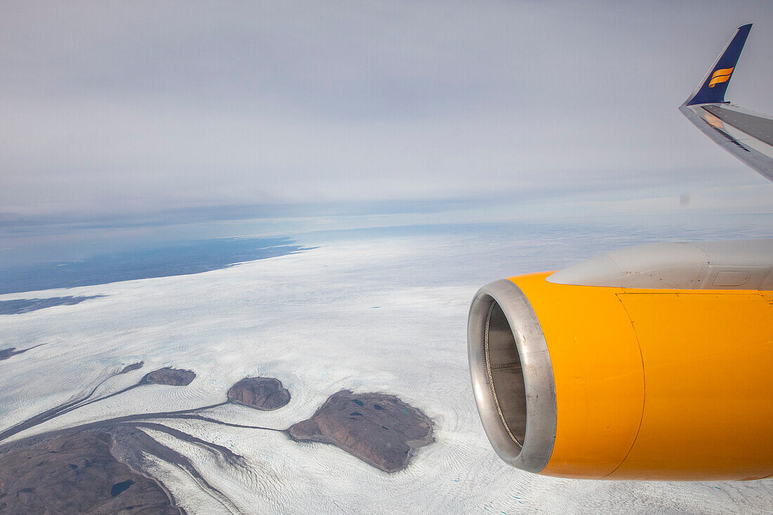 An aerial view of the Greenland ice cap from a commercial flight to Kangerlussuaq, Western Greenland, Denmark, Polar Regions