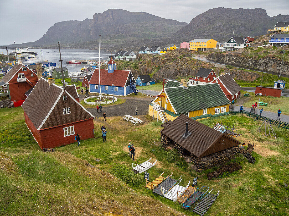 A view of the Bethel Church, blue building built in 1775, in the Town centre in the city of Sisimiut, Greenland, Denmark, Polar Regions